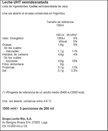 Leche R&iacute;o 1,5l semidesnatada brik