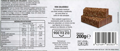 Turr&oacute;n de chocolate crujiente sin az&uacute;car a&ntilde;adido Alipende 200g