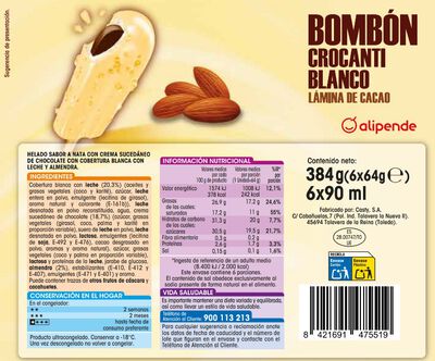 Helado bomb&oacute;n Alipende 6 uds crocanti-blanco