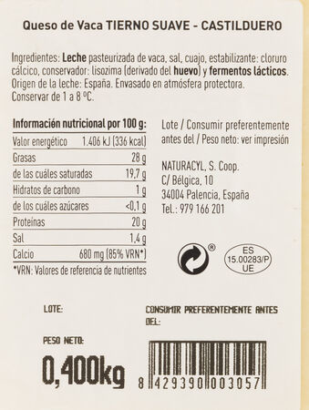 Queso vaca tierno en cu&ntilde;a Castilduero 400 gr.