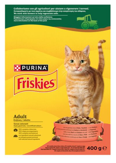 Alimento completo para gatos adultos Friskies buey y pollo, con verduras 400g