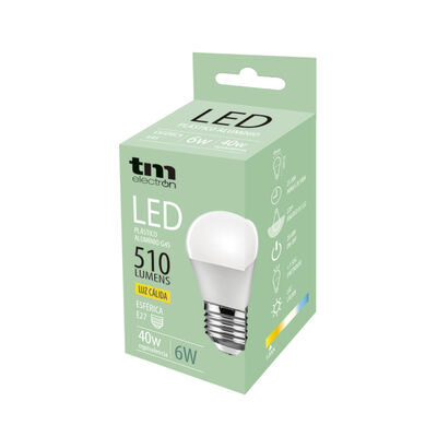 Bombilla Led esf&eacute;rica e27 pl&aacute;stico TM g45 6W c&aacute;lida
