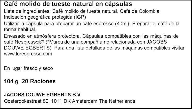 Café Colombia expresso intensidad 8 L´or 20 cápsulas