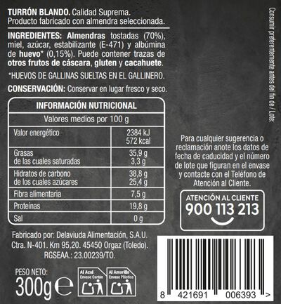 Turr&oacute;n blando con 70% de almendra Alipende 300g