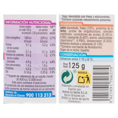 Yogur sin azúcar añadido Alipende pack 4 con fresa 525g
