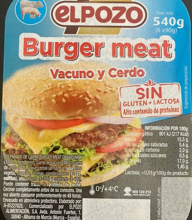 Burger meat mixta cerdo y vacuno ElPozo 540g pack 6 uds