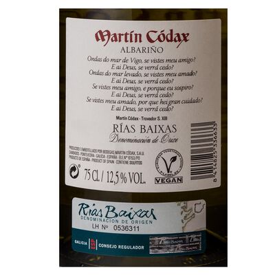 Vino blanco albari&ntilde;o DO Rias Baixas Mart&iacute;n C&oacute;dax