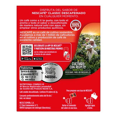 Caf&eacute; soluble descafeinado Nescaf&eacute; 10 sobres mezcla