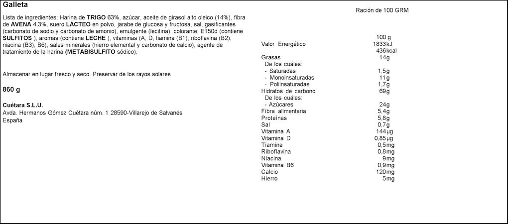 Galleta Tostarica cuétara 860g fibra