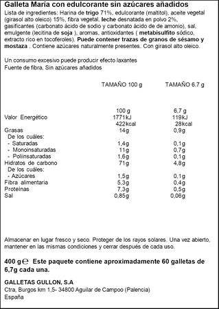Galletas María Dorada Sin Azúcares añadidos Gullón Zero 400g