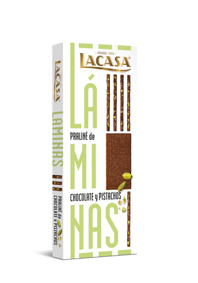 Turr&oacute;n de pralin&eacute; de chocolate y pistachos Lacasa 128g