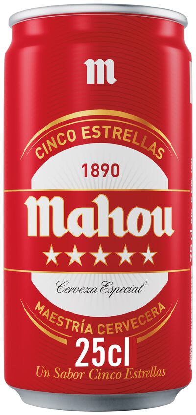 Cerveza rubia especial Mahou 5 Estrellas lata 25cl