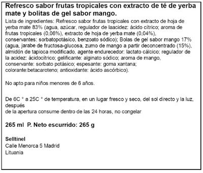 Refresco frutas tropicales con extracto de t&eacute; y bolitas de gel sabor mango.