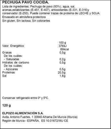 Pechuga de pavo 1954 ELPOZO 120 gr lonchas frescas finas sin gluten y sin lactosa