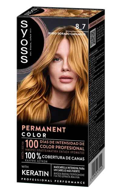 Tinte permanente Syoss nº8.7 rubio dorado caramelo con keratina