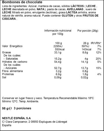Bomb&oacute;n caja roja con chocolate de alta calidad Nestl&eacute; 98 g