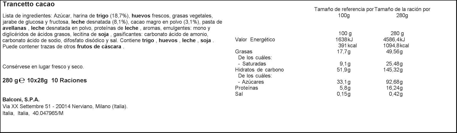 Pastelito Trancetto Balconi 280g relleno de cacao