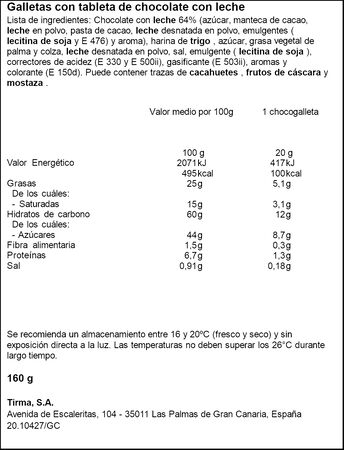 Galletas de chocolate con leche con tableta Tirma 160g