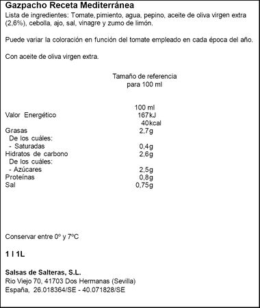 Gazpacho fresco receta Mediterr&aacute;nea Garc&iacute;a MIll&aacute;n 1l