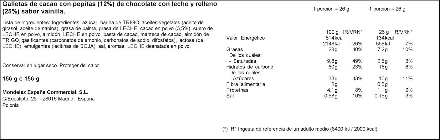 Galleta con oreo creme con pepitas Chips Ahoy 156g