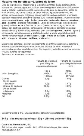 Menú de macarrones a la boloñesa + libritos de lomo Casa Mas 345g