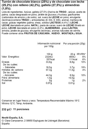 Turr&oacute;n de chocolate blanco con relleno Galleta Filipinos Nestl&eacute; 232g