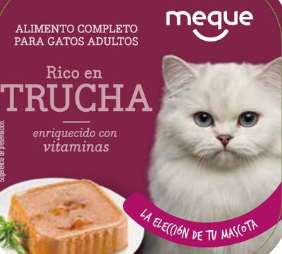 Comida h&uacute;meda gato Meque tarrina rico en trucha 100g