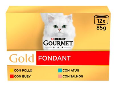 Comida h&uacute;meda para gato adulto Gourmet Gold Foundant con Salm&oacute;n, Pollo y Buey 12 latas