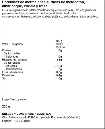 Mermeladas surtidas de melocot&oacute;n, albaricoque, ciruela y fresa Helios 8x25g