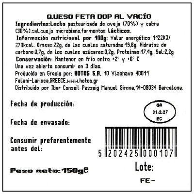 Queso Feta Denominaci&oacute;n De Origen Protegida Hotos 150G Pieza