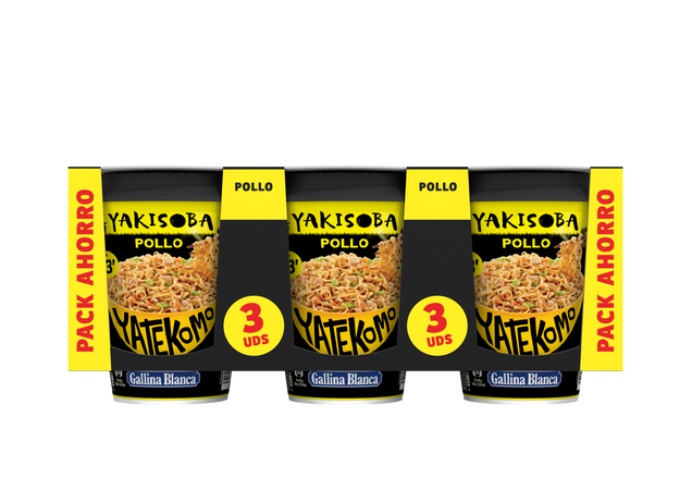 Fideos orientales Yatekomo Yakisoba Pollo pack de 3 vasos de 93g