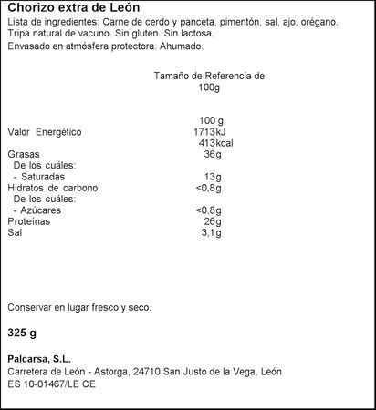 Chorizo de león Palcarsa pieza 325g