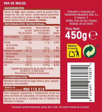 Pan de molde sin corteza Alipende 450g
