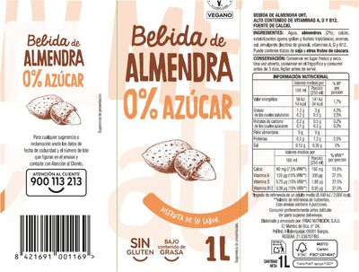 Bebida de almendra 0% az&uacute;car Alipende 1l