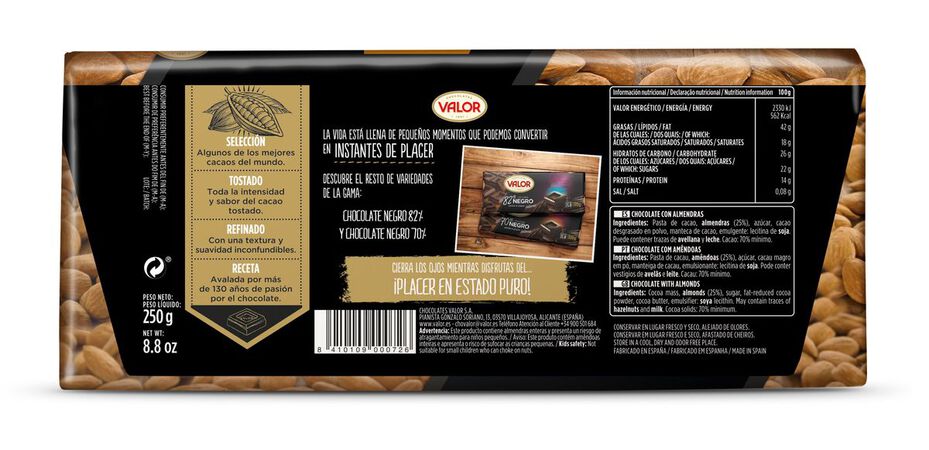 Chocolate negro 70% de cacao almendras s/gluten Valor 250g