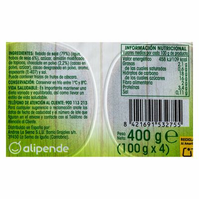 Postre a base de soja Alipende pack 4 chocolate