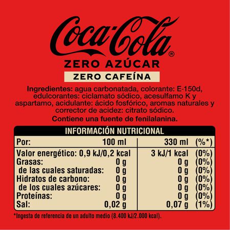 Refresco cola Coca-Cola 33cl pack 12 zero zero sin cafeína