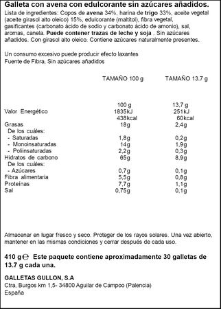 Galletas Digestive Avena Sin Az&uacute;cares a&ntilde;adidos Gull&oacute;n Zero 410g