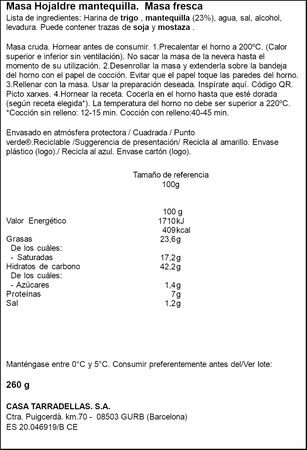 Masa de hojaldre de mantequilla Casa Tarradellas 260g