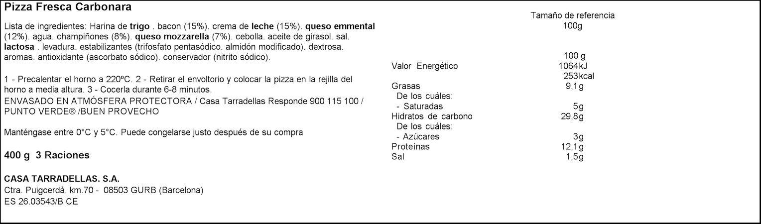 Pizza Casa Tarradellas 400g carbonara