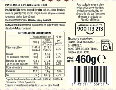 Pan de molde integral Alipende 460g