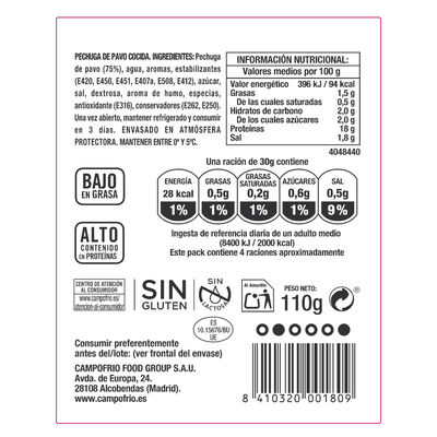 Pechuga de pavo en lonchas finas finissimas Campofr&iacute;o 115g