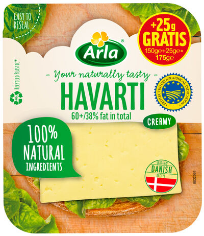 Queso havarti lonchas Arla 150gr+25gr