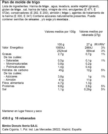 Pan de molde Bimbo 430g