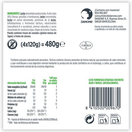 Bífidus probiótico Activia 0% pack 4 frutos rojos