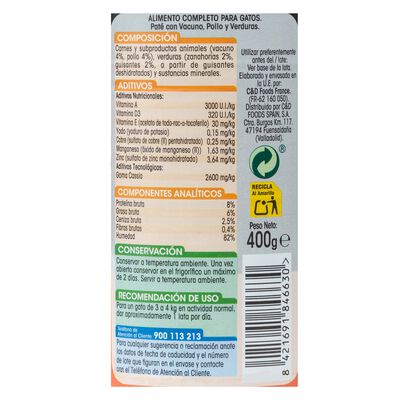 Alimento completo para gatos con vacuno, pollo y verduras Meque 400g