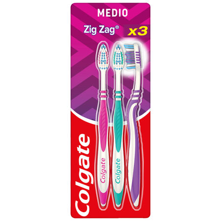 Cepillo de dientes Colgate ZigZag limpieza profunda, medio, 3uds