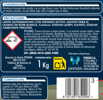 Quitamanchas oxigeno activo en polvo Lanta 1kg para ropa blanca