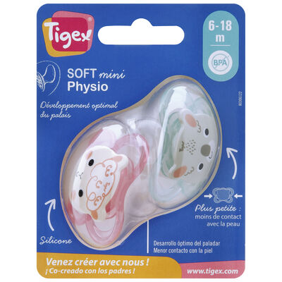 Chupetes silicona Tigex soft mini physio 2u para ni&ntilde;a 6-18 meses