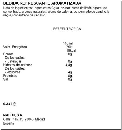 Bebida energ&eacute;tica refeel Mahou sabor tropical 33 cl